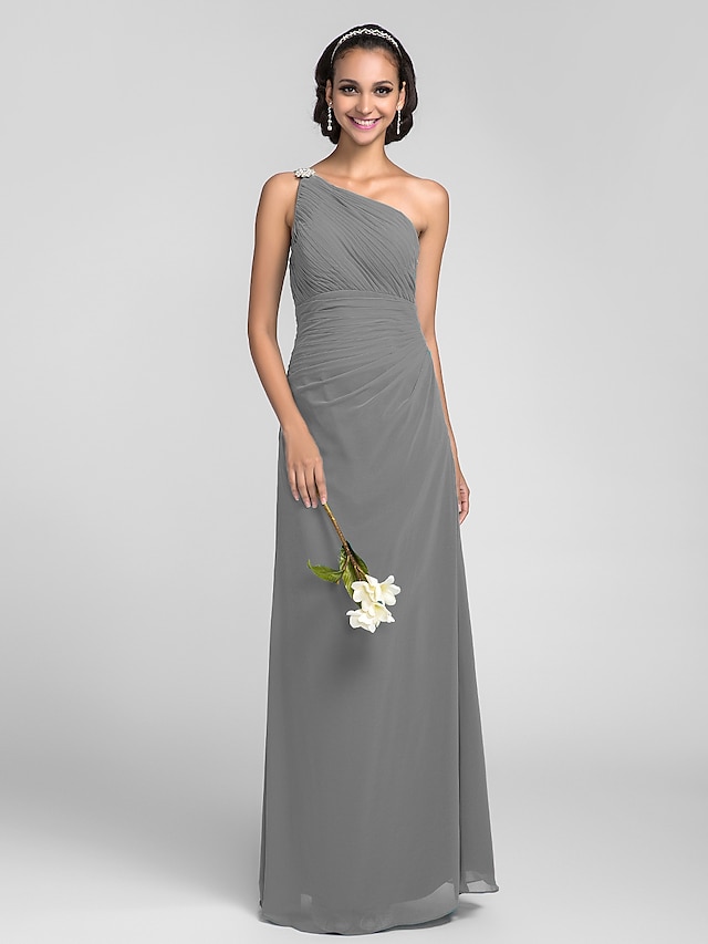  Sheath / Column Bridesmaid Dress One Shoulder Sleeveless Elegant Floor Length Chiffon with Ruched / Side Draping / Crystal Brooch 2022