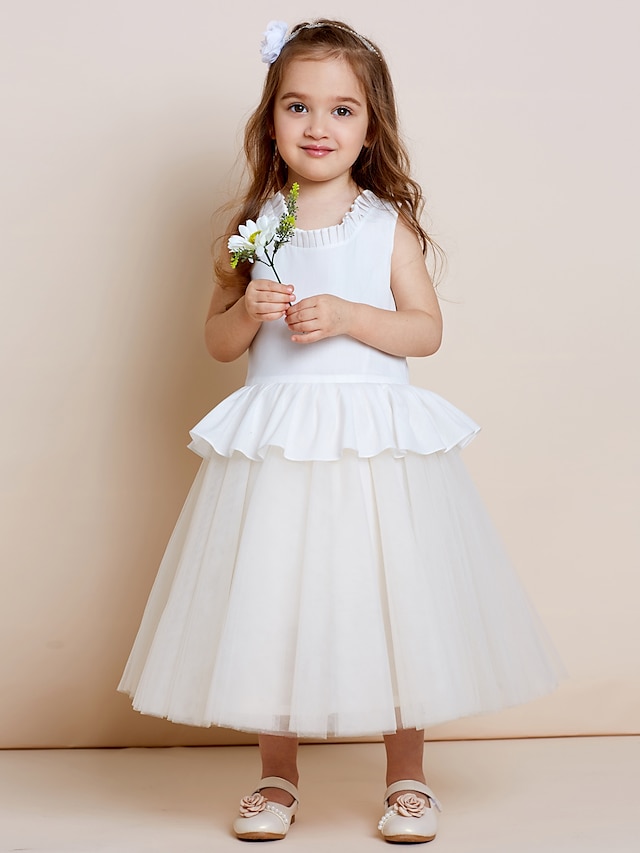  A-Line Tea Length Flower Girl Dress - Cotton Tulle Sleeveless Jewel Neck with Draping by thstylee