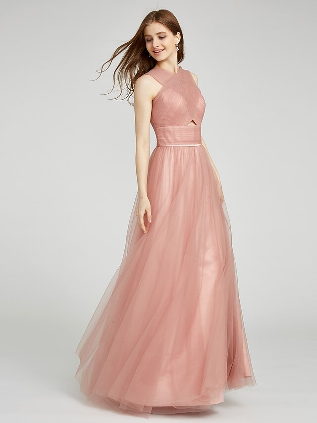 V-neck Tulle Floor Length Bridesmaid Dress Tangerine
