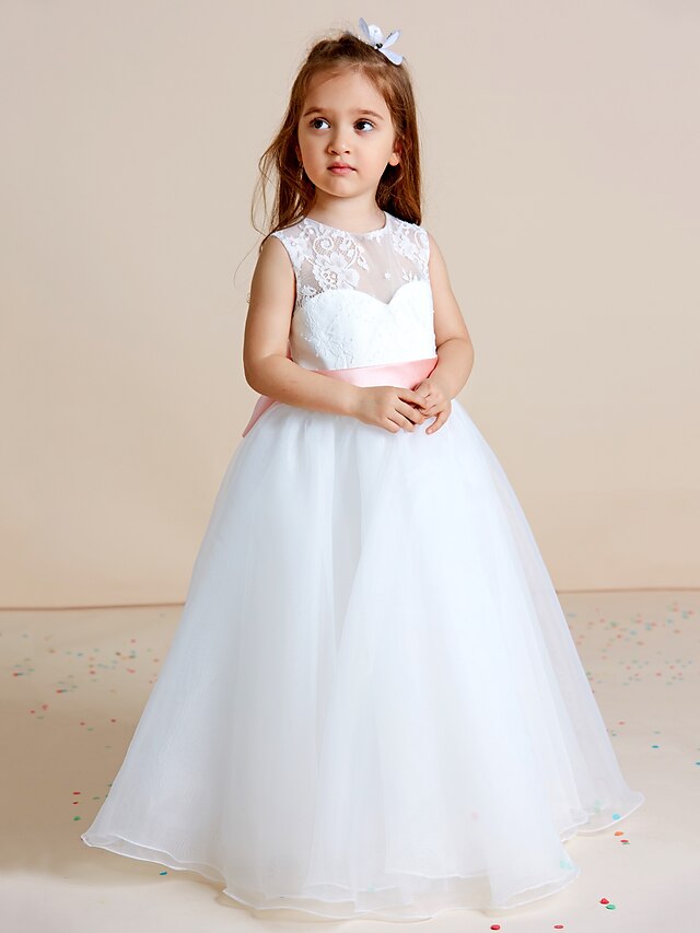  Ball Gown Floor Length Flower Girl Dress First Communion Cute Prom Dress Lace with Sash / Ribbon See Through Fit 3-16 Years