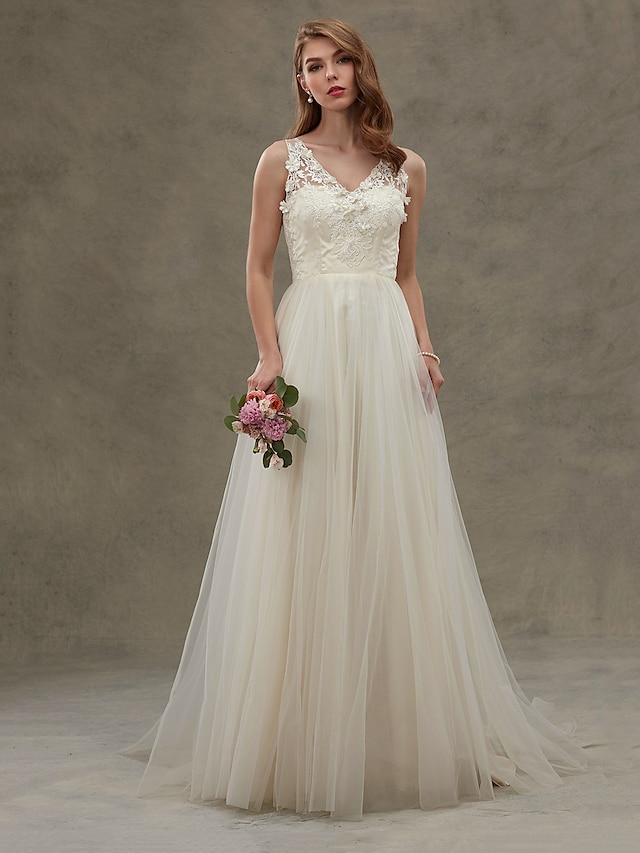  Wedding Dresses A-Line V Neck Regular Straps Sweep / Brush Train Lace Over Tulle Bridal Gowns With Lace Sash / Ribbon 2023
