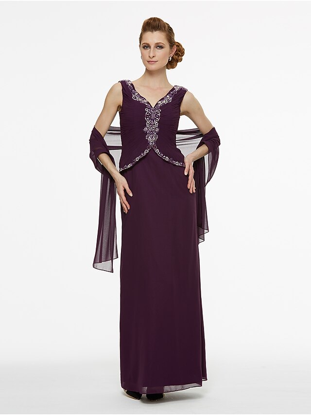  Sheath / Column V Neck Ankle Length Chiffon Mother of the Bride Dress with Beading / Pleats by LAN TING BRIDE® / Wrap Included