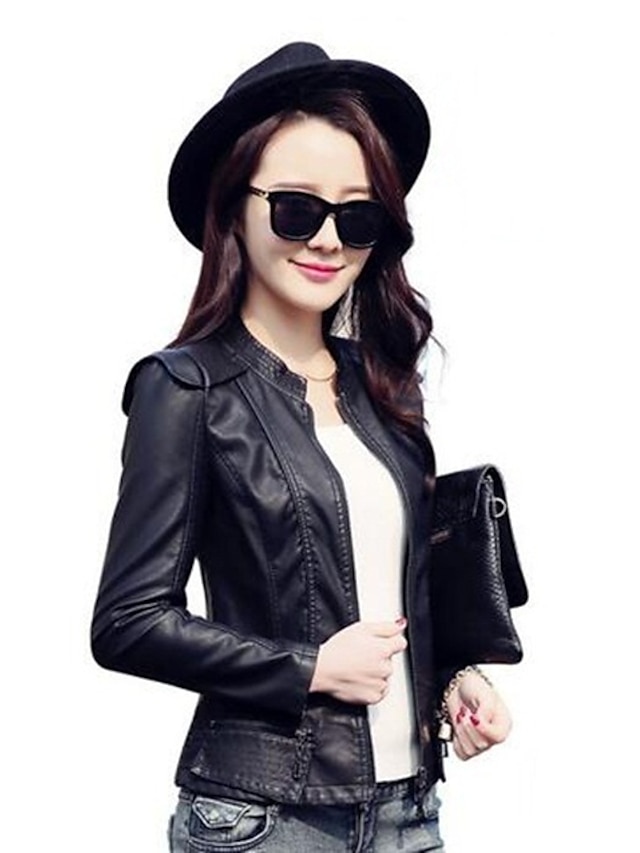  Women's Going out Vintage Leather Jacket - Solid Colored
