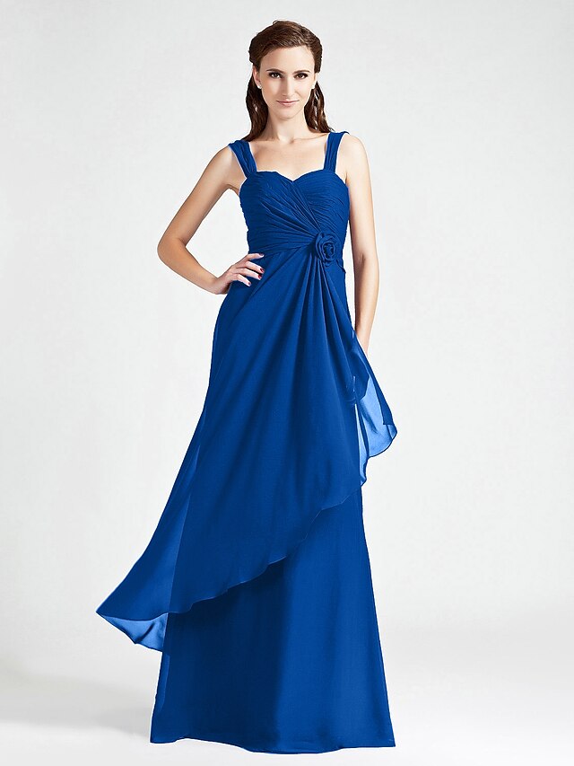  Ball Gown / A-Line Straps Floor Length Chiffon Bridesmaid Dress with Criss Cross / Ruched / Flower