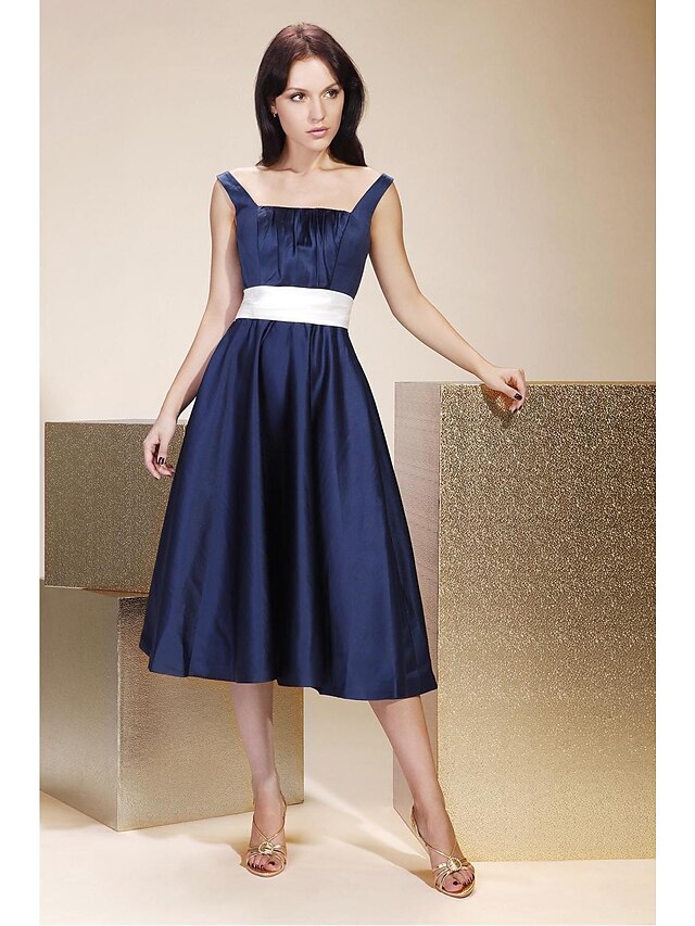  Ball Gown / A-Line Bridesmaid Dress Straps Sleeveless Color Block Tea Length Satin with Sash / Ribbon / Draping 2022