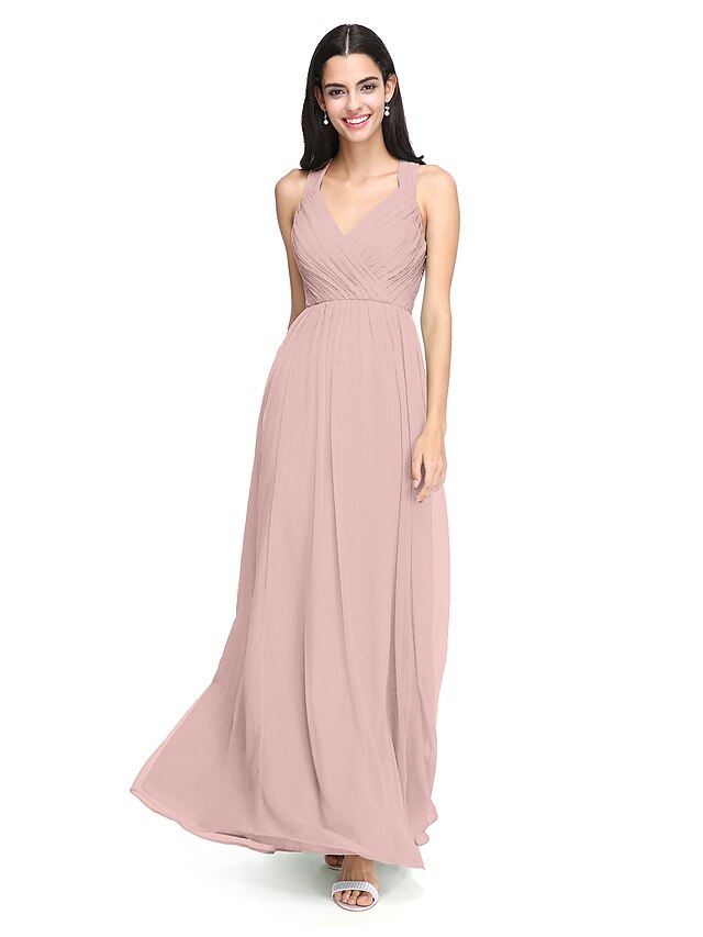 A-Line Bridesmaid Dress Straps Sleeveless Elegant Floor Length Chiffon with Criss Cross / Ruched 2022