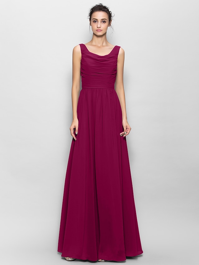  A-Line Scoop Neck Floor Length Chiffon Bridesmaid Dress with Ruched by LAN TING BRIDE®