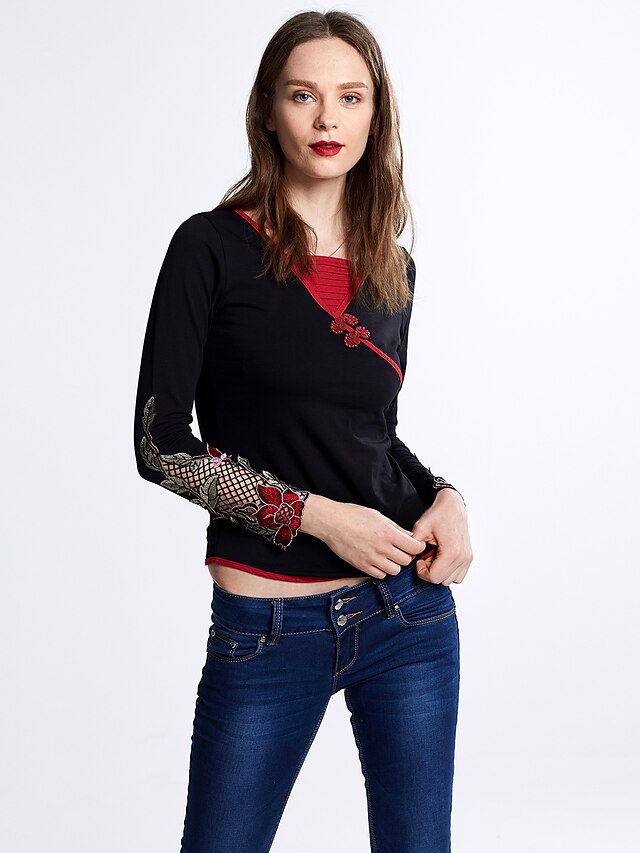  Women's Patchwork Black Ethnic Style Elegent Slim T-shirt , V Neck Long Sleeve