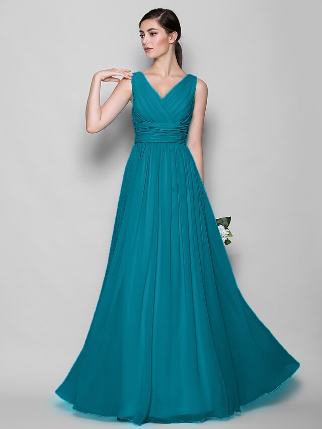  A-Line / Sheath / Column Bridesmaid Dress V Neck Sleeveless Open Back Floor Length Georgette with Criss Cross 2023