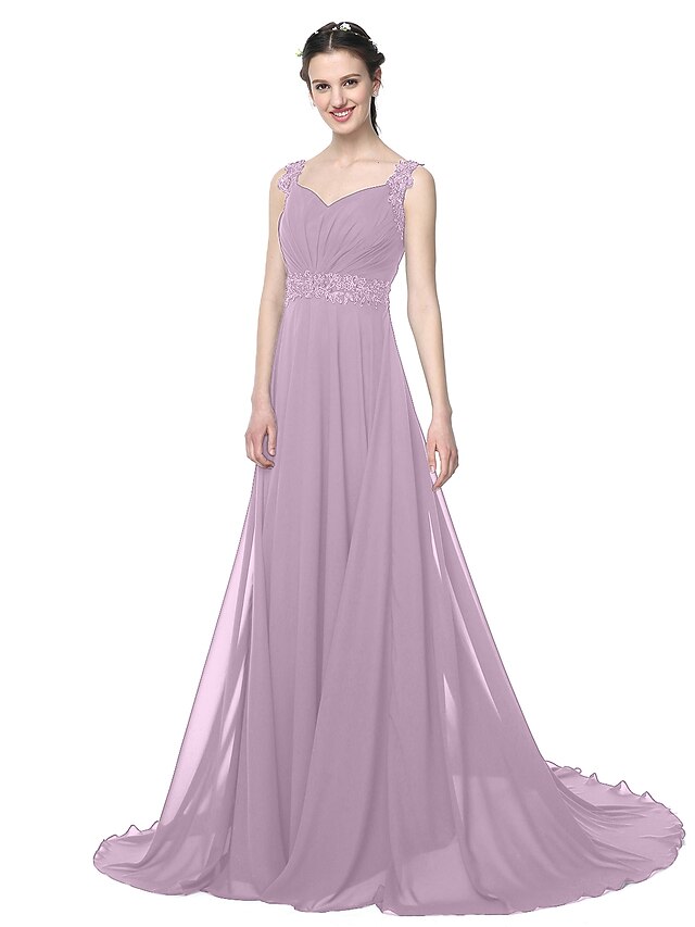  A-Line Straps Floor Length Chiffon Bridesmaid Dress with Pleats / Beading / Appliques