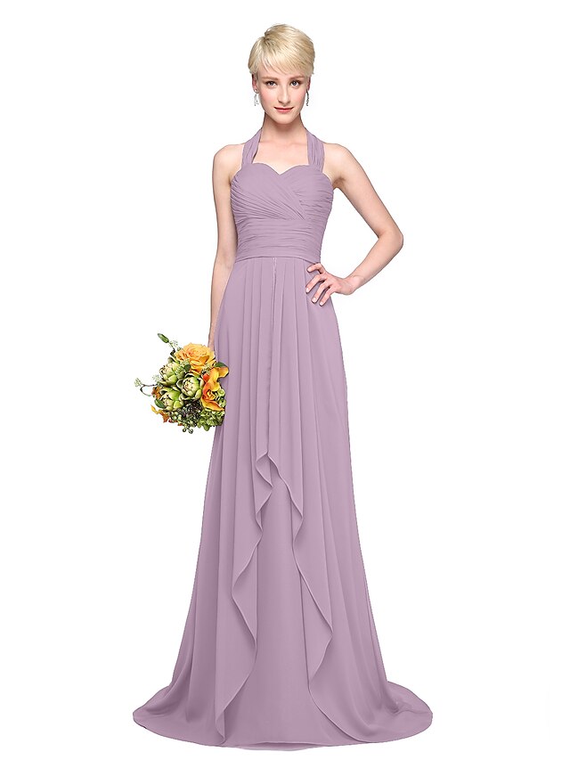  A-Line Halter Neck Floor Length Chiffon Bridesmaid Dress with Pleats by LAN TING BRIDE®