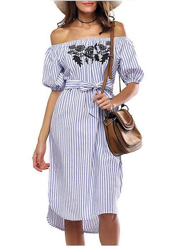 Women's Embroidery Holiday Going out Street chic Dress - Striped Embroidered Off Shoulder Summer Blue S M L XL