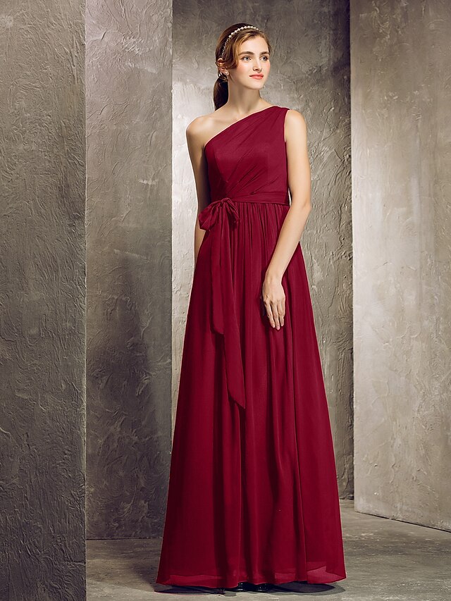  Sheath / Column Bridesmaid Dress One Shoulder Sleeveless Floor Length Chiffon with Side Draping 2022