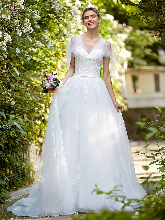  Abiti da sposa Linea-A A V Senza maniche Strascico a terra Tulle Abiti da sposa Con Con applique 2023