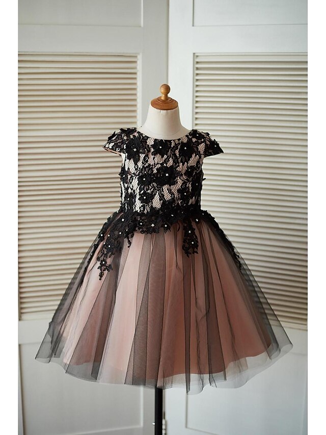  Γραμμή Α Μέχρι το γόνατο Φόρεμα για Κοριτσάκι Λουλουδιών Χαριτωμένο φόρεμα χορού Δαντέλα με Χάντρες Κατάλληλο 3-16 ετών