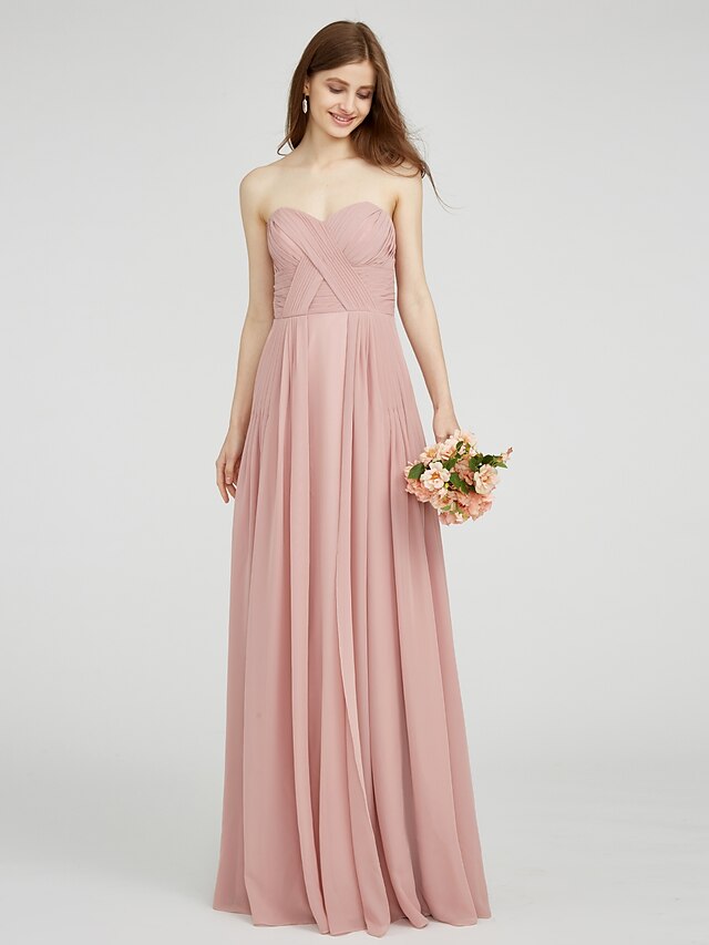  A-Line Bridesmaid Dress Sweetheart Sleeveless Elegant Floor Length Chiffon with Criss Cross / Ruched