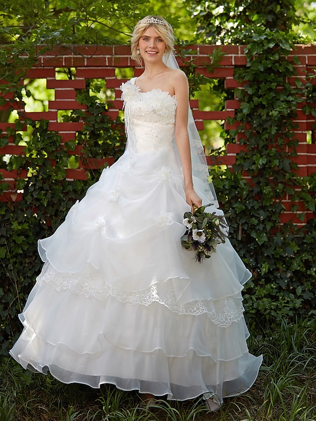  Svatební šaty Na zem Plesové šaty Bez rukávů Jedno rameno Organza S Nabíraná sukně Korálky 2023 Svatební šaty