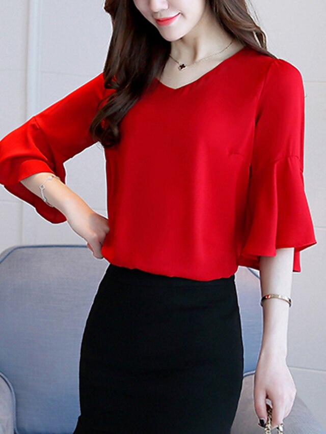  Women's Blouse Solid Colored V Neck Red White Daily Going out Clothing Apparel Cotton Boho / Summer
