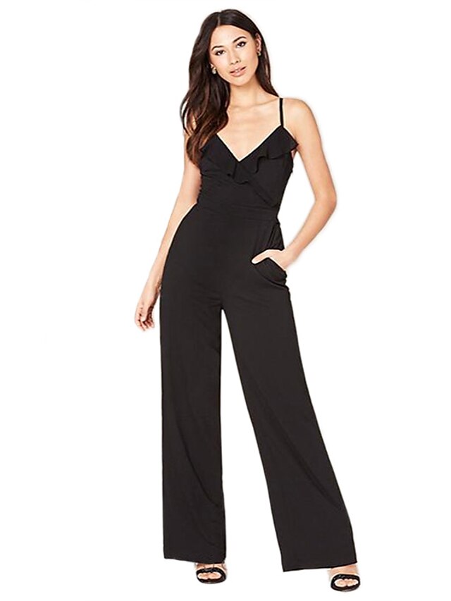  Women's Work Going out Vintage Sexy Solid Print Strap Jumpsuits,Straight Loose Sleeveless Summer Chiffon