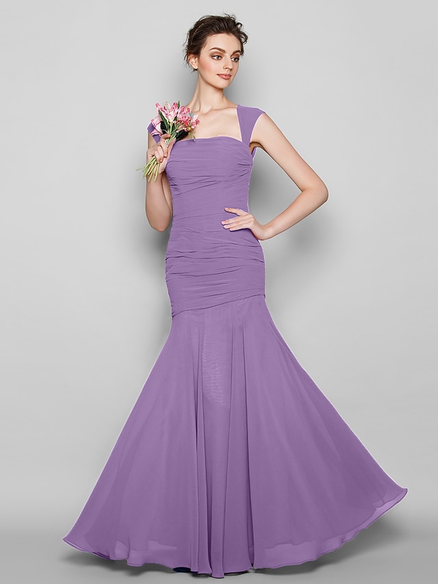  Mermaid / Trumpet Bridesmaid Dress Square Neck Sleeveless Open Back Floor Length Chiffon with Ruched 2023