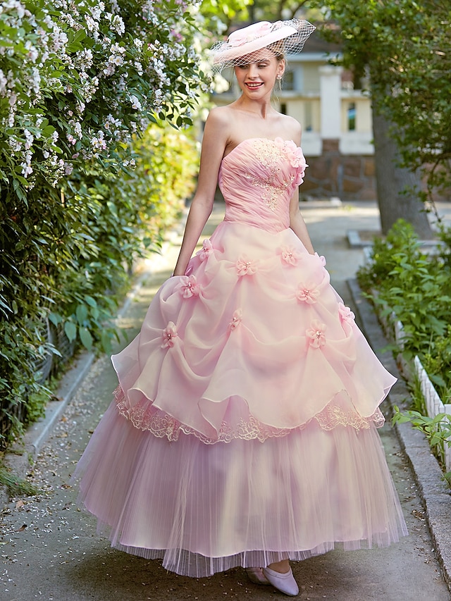  Hochzeitskleider Ballkleid Trägerlos Ärmellos Knöchellänge Organza Brautkleider Mit Perle Geraffter Rock 2023