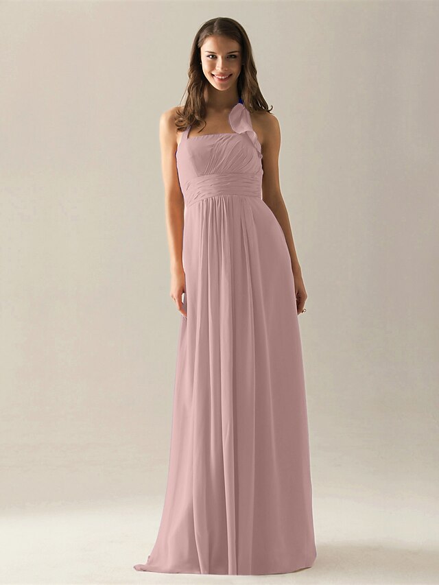  A-Line Halter Neck Floor Length Chiffon Bridesmaid Dress with Draping / Ruffles / Ruched