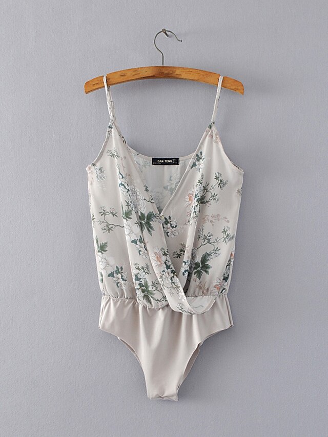  Women's Going out Sexy Floral Print Strap Bodysuit,Loose Sleeveless Spring Summer