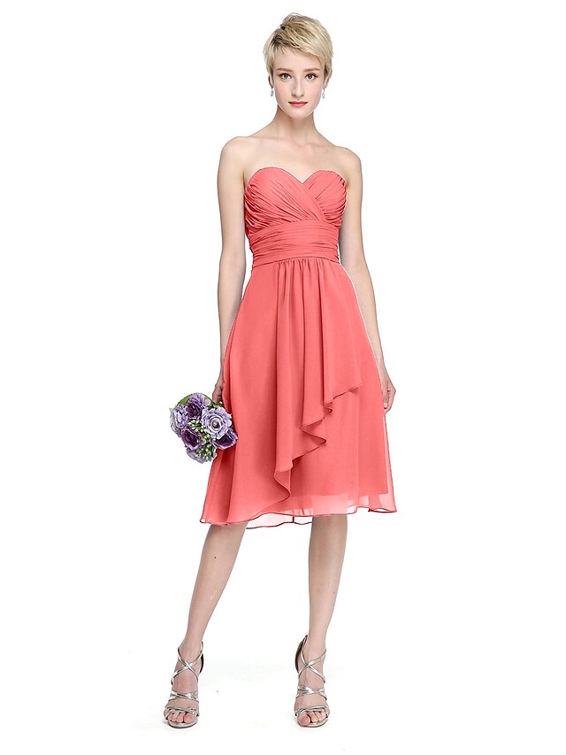  A-Line Bridesmaid Dress Sweetheart Sleeveless Open Back Knee Length Chiffon with Criss Cross / Ruched / Draping 2022