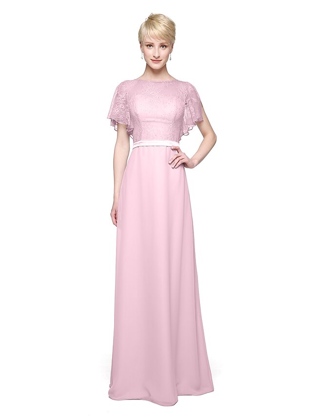  Sheath / Column Jewel Neck Floor Length Chiffon / Sheer Lace Bridesmaid Dress with Lace / Sash / Ribbon / Pleats