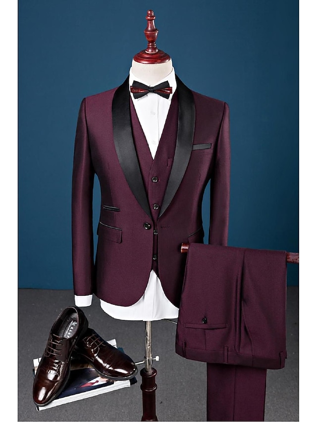  Burgundy Men's Party Evening Suits Solid Colored Slim Fit Single Breasted One-button 2022