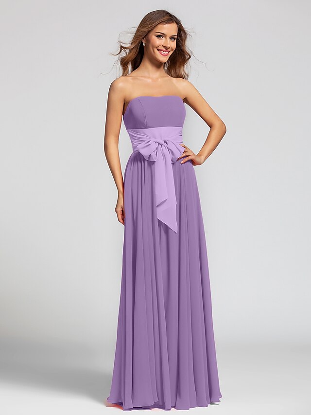  A-Line Strapless Floor Length Chiffon Bridesmaid Dress with Sash / Ribbon by LAN TING BRIDE® / Open Back
