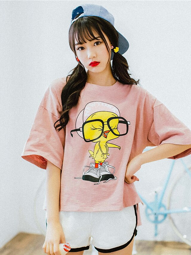  Γυναικείο T-shirt Εξόδου Καθημερινά Αργίες Χαριτωμένο Μονόχρωμο Στάμπα Στρογγυλή Λαιμόκοψη Καλοκαίρι Λεπτό Βαμβάκι
