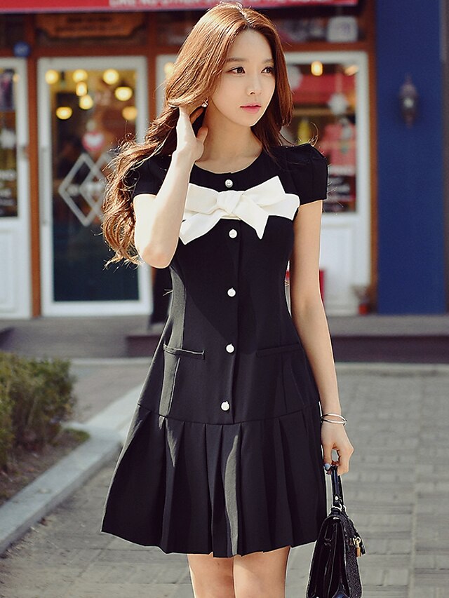  Women's Bow Daily / Holiday / Going out Street chic / Sophisticated A Line / Sheath / T Shirt Dress - Color Block Bow / Ruched / Pleated Summer Black M L XL