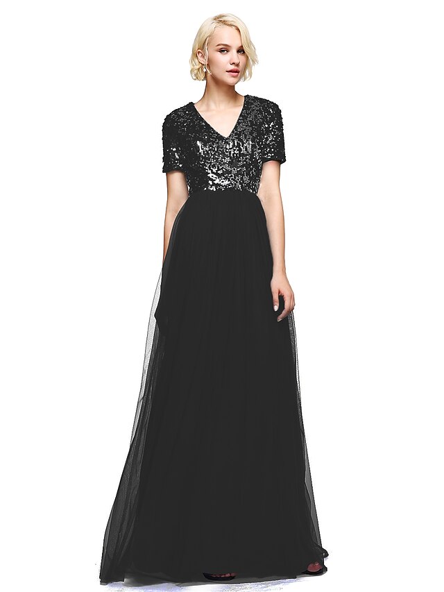  A-Line V Neck Floor Length Tulle / Sequined Bridesmaid Dress with Sequin by LAN TING BRIDE® / Sparkle & Shine