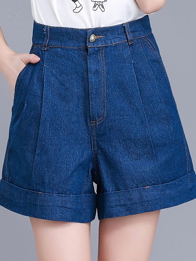  Mulheres Tamanhos Grandes Diário Perna larga / Jeans / Shorts Calças - Sólido Pregueado Algodão Azul S M L