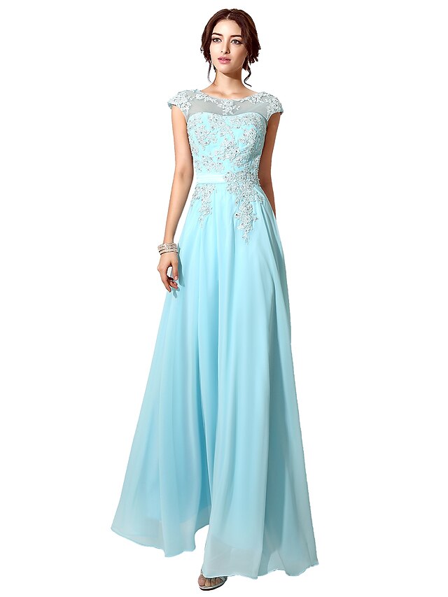  A-Line Elegant Formal Evening Dress Illusion Neck Sleeveless Floor Length Tulle with Beading 2021