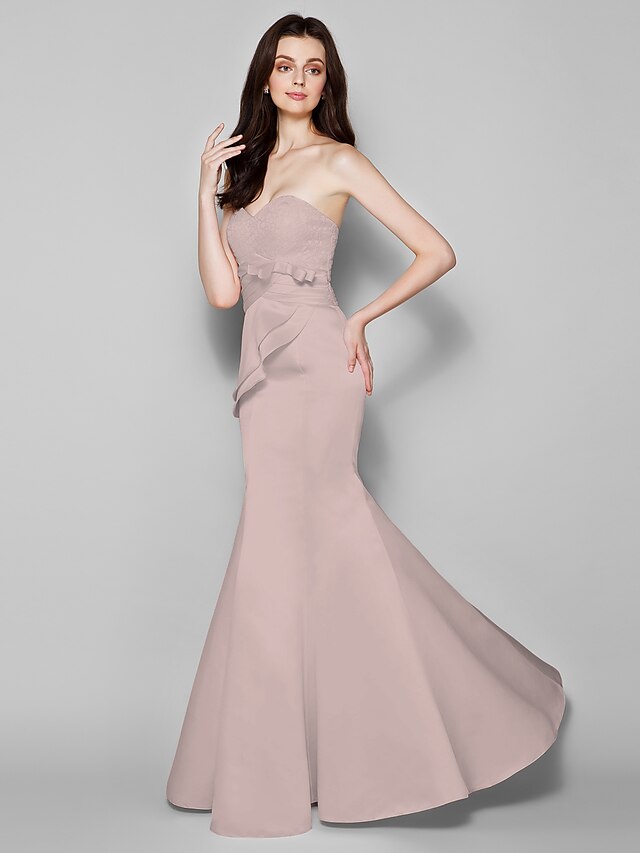  Mermaid / Trumpet Bridesmaid Dress Sweetheart Sleeveless Elegant Floor Length Satin / Lace with Lace / Bow(s) / Criss Cross 2023