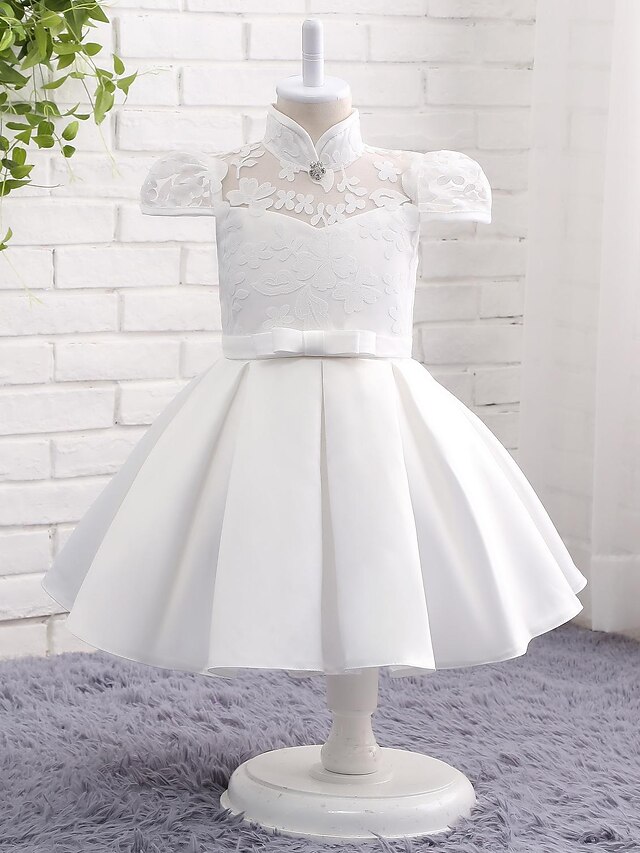  A-Line Knee Length Flower Girl Dress - Lace Satin Chiffon Short Sleeves High Neck with Bow(s) Lace Pleats 