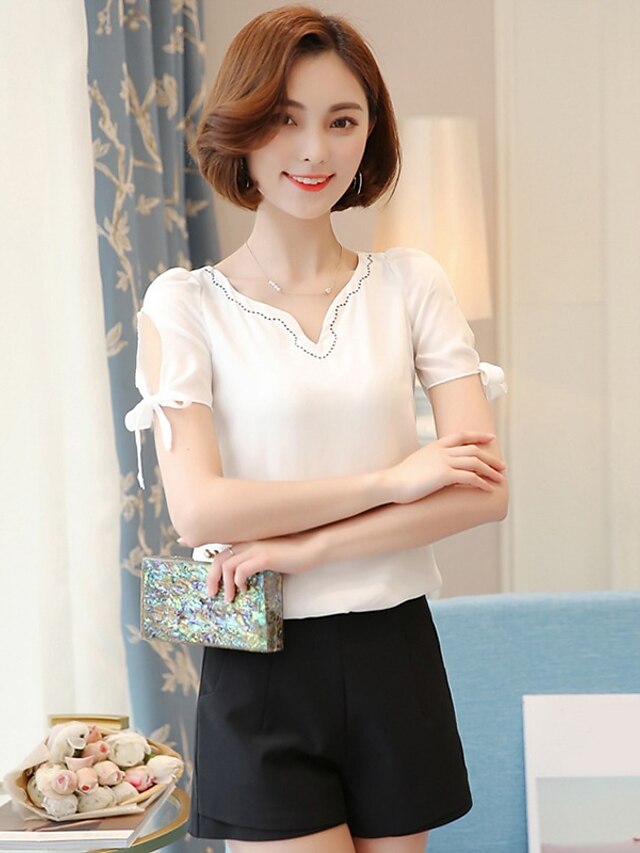  Women's Holiday Going out Casual / Daily Simple Lantern Sleeve Blouse - Solid Colored Lace / Bow / Ruffle V Neck White / Summer