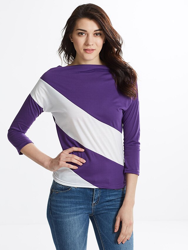  Mujer Camiseta A Rayas Escote Redondo Diario Fin de semana Estilo moderno Manga Larga Tops Clásico Vino Negro Morado