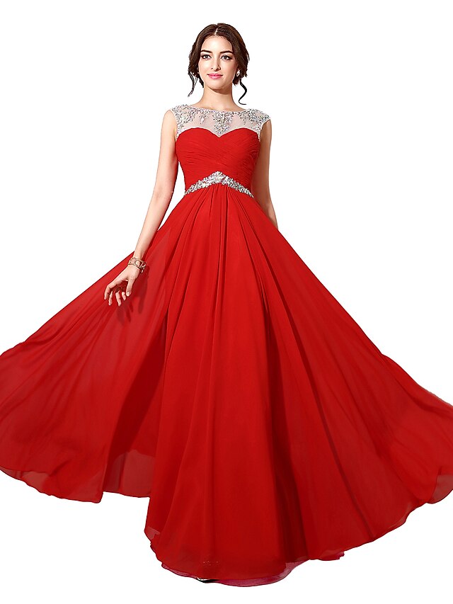  A-Line Dress Formal Evening Floor Length Bateau Neck with Embroidery 2024