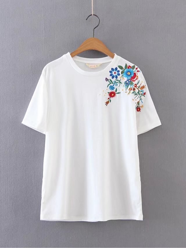  Women's Daily Going out Casual Sexy Street chic Summer T-shirt, Floral Embroidered Round Neck Short Sleeves Cotton