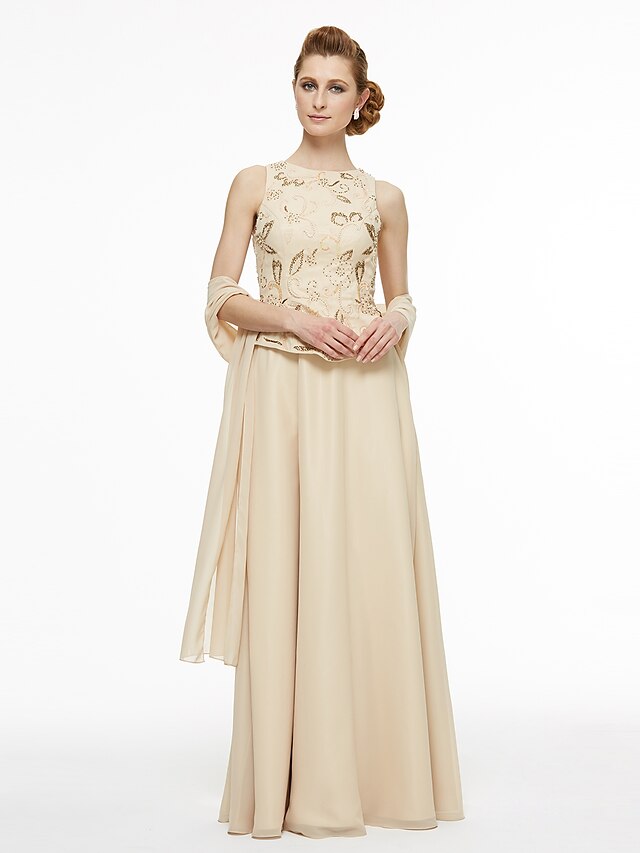  A-Line Jewel Neck Floor Length Chiffon / Beaded Lace Mother of the Bride Dress with Beading / Lace / Pleats by LAN TING BRIDE®