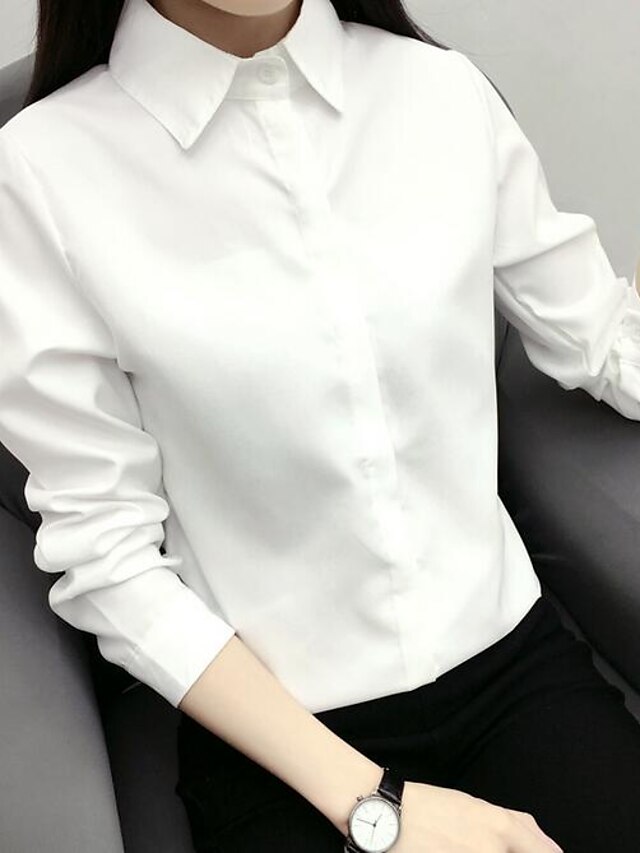  Women's Shirt Solid Colored Shirt Collar Light Blue White Black Daily Pure Color Clothing Apparel Cotton Casual / Long Sleeve
