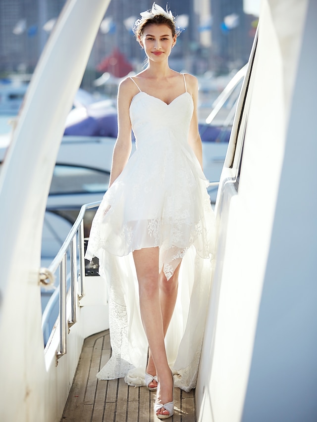  Παραλία / Προορισμός Φορεματα για γαμο Γραμμή Α Λαιμόκοψη V Λεπτές Τιράντες Ουρά μέτριου μήκους Σιφόν Νυφικά φορέματα Με Χιαστί 2023