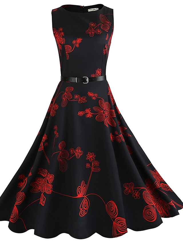  نسائي فستان شكل حرف A بدون كم ورد طباعة الصيف عتيق أحمر S M L XL XXL
