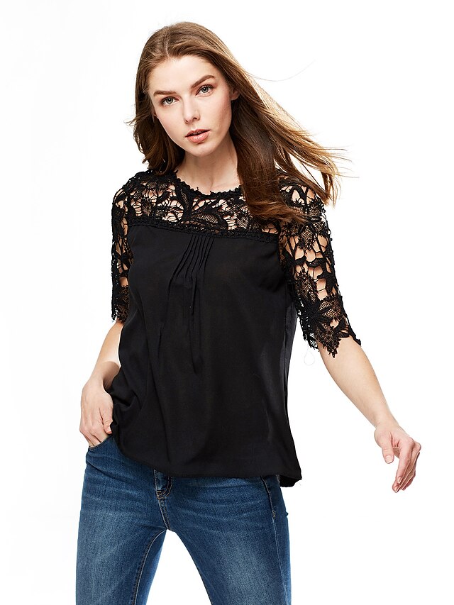  Women's Street chic Plus Size Loose Blouse - Solid Colored, Lace Mesh