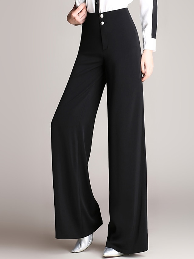  בגדי ריקוד נשים קלסי ונצחי מידות גדולות לבוש עבודה רגל רחבה מכנסיים - צבע אחיד לַחְצָן שחור S M L