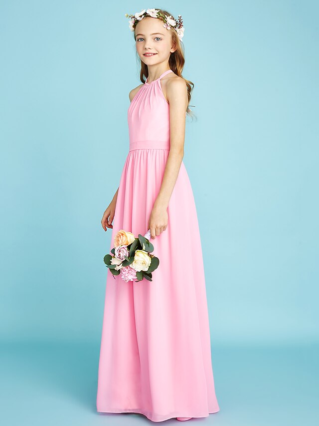 Sleeveless Halter Neckline Chiffon Junior Bridesmaid Dresses Lemon