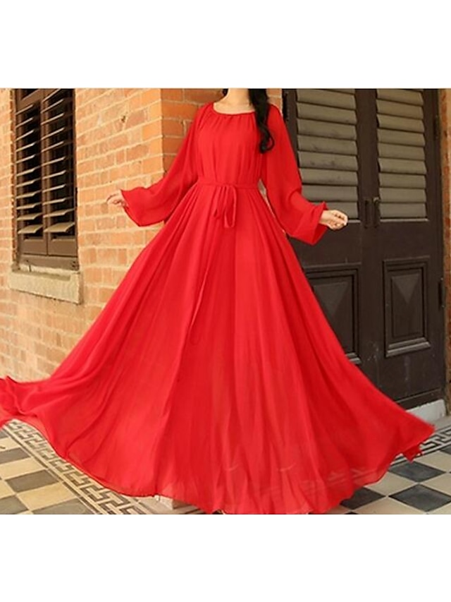  Mulheres Vestido de chiffon Rodado Vestido maxi longo Branco Fúcsia Lilás Vermelho Manga Longa Cor Sólida Fashion Outono Inverno Decote Redondo Vintage Roupa de rua Festa S M L XL / Algodão